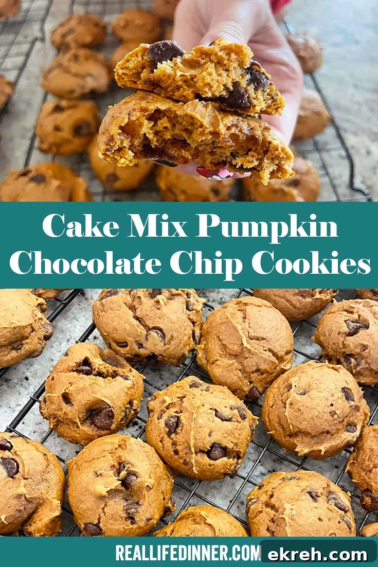 Two-photo Pinterest picture of Cake Mix Pumpkin Chocolate Chip Cookies with the text of the title in the middle, separating the two photos.