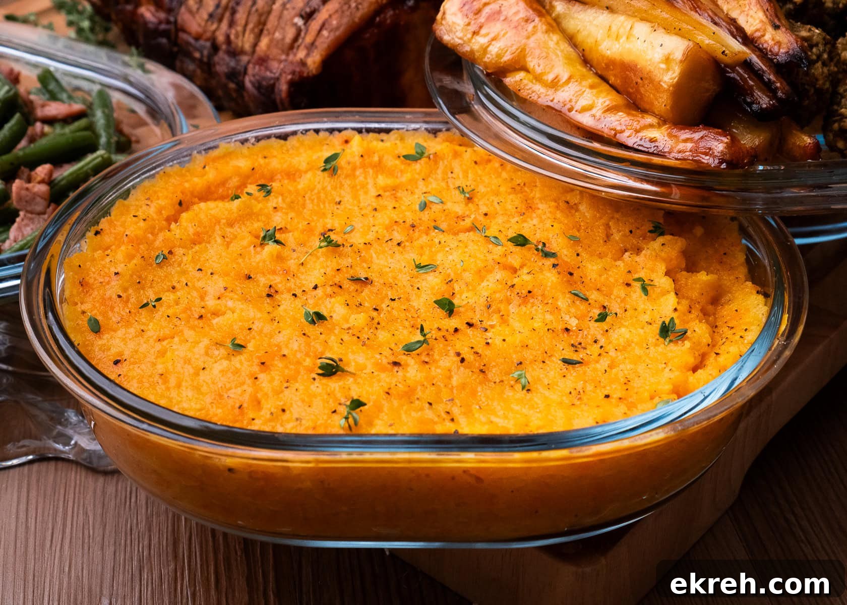 Root vegetable Mash in a glass dish with pepper and fresh thyme sprinkled on top and honey roast parsnips, roast pork and green beans in the background