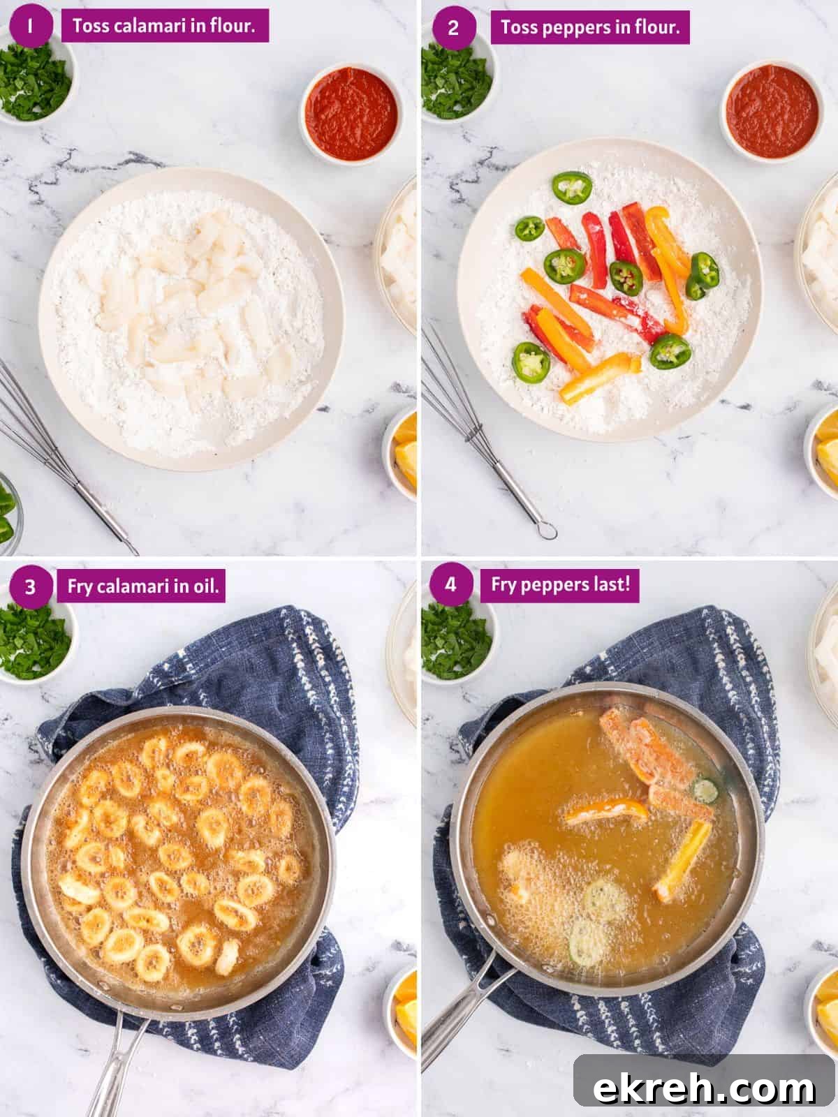 Steps showing how to make fried calamari.
