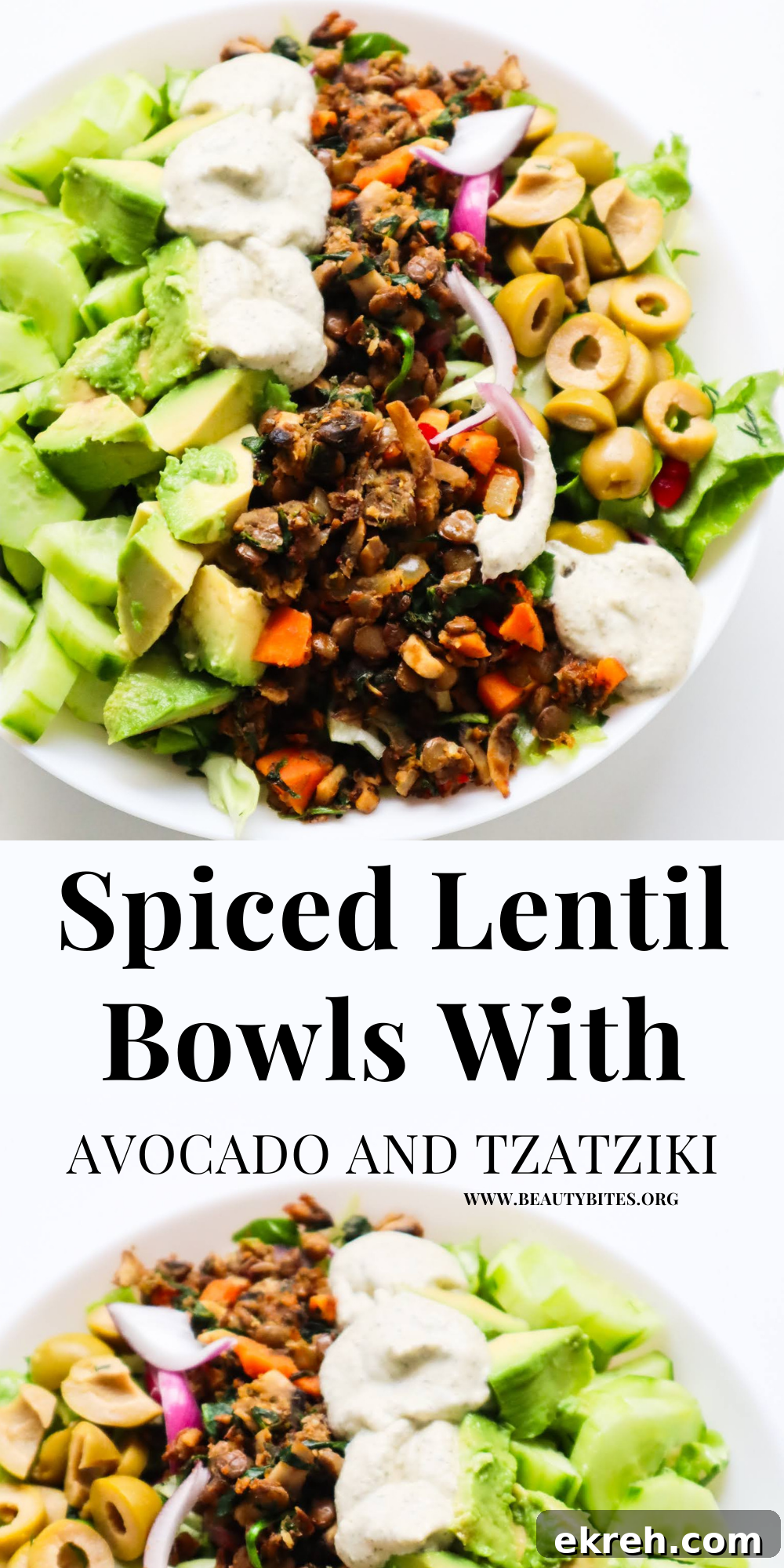 Spiced Lentil Bowls with salad, avocado and tzatziki