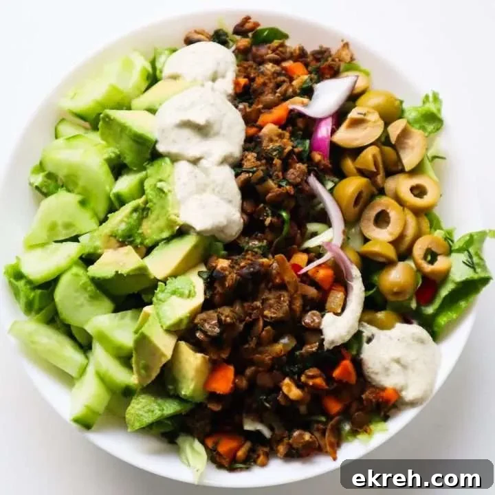 Spiced Lentil Bowls with salad, avocado and tzatziki
