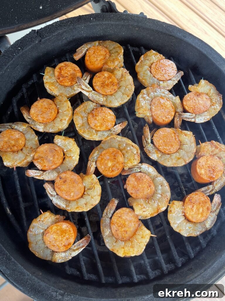 Grilled shrimp and sausage bites on a platter