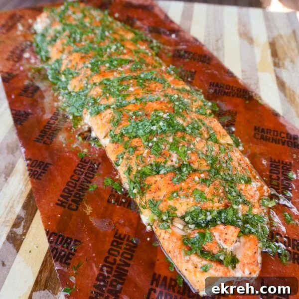 Smoked Salmon with Dill Chimichurri on butcher paper.