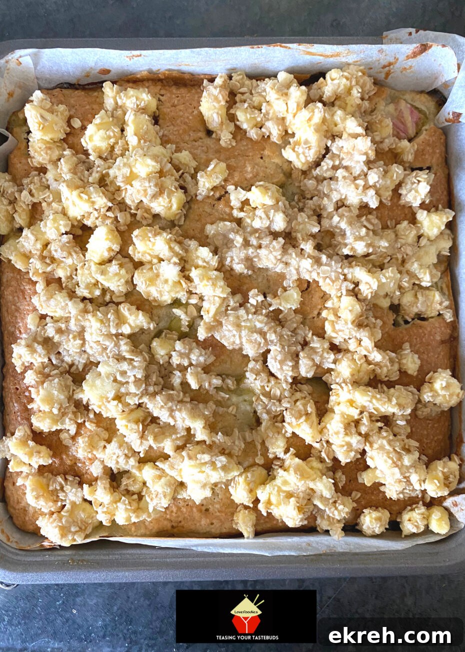 Lazy Daisy Rhubarb Oatmeal Cake Recipe 11 Adding oat topping to the cake