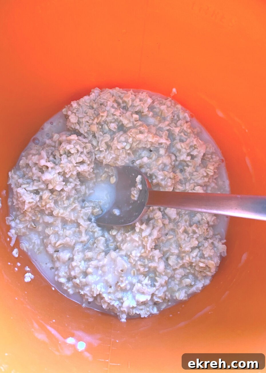 Lazy Daisy Rhubarb Oatmeal Cake Recipe 7 Adding milk to oats
