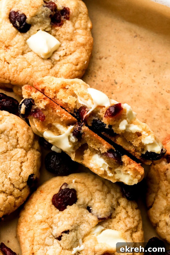 Chewy White Chocolate Cranberry Cookies 16 white chocolate cranberry cookies broken in half to show the inside