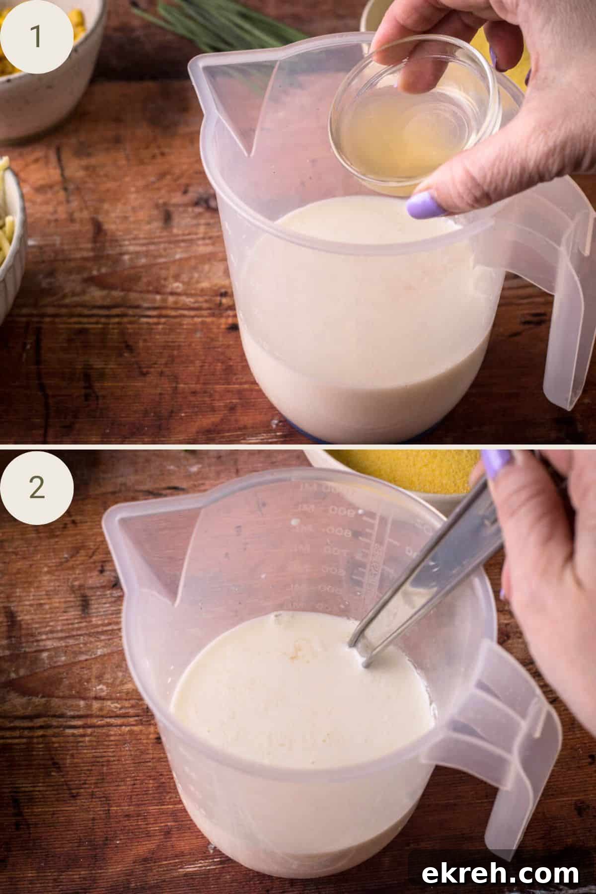 Cheddar and Chive Skillet Cornbread Recipe 5 Vinegar poured into milk in a jug and whisked in.