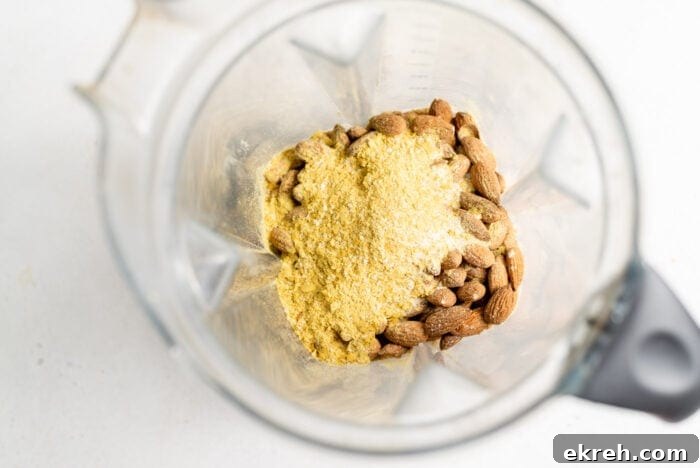 Nutritional yeast and raw almonds in a blender.