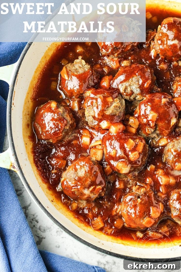 30-Minute Sweet and Sour Meatballs Recipe 6 sweet and sour meatballs in a pan
