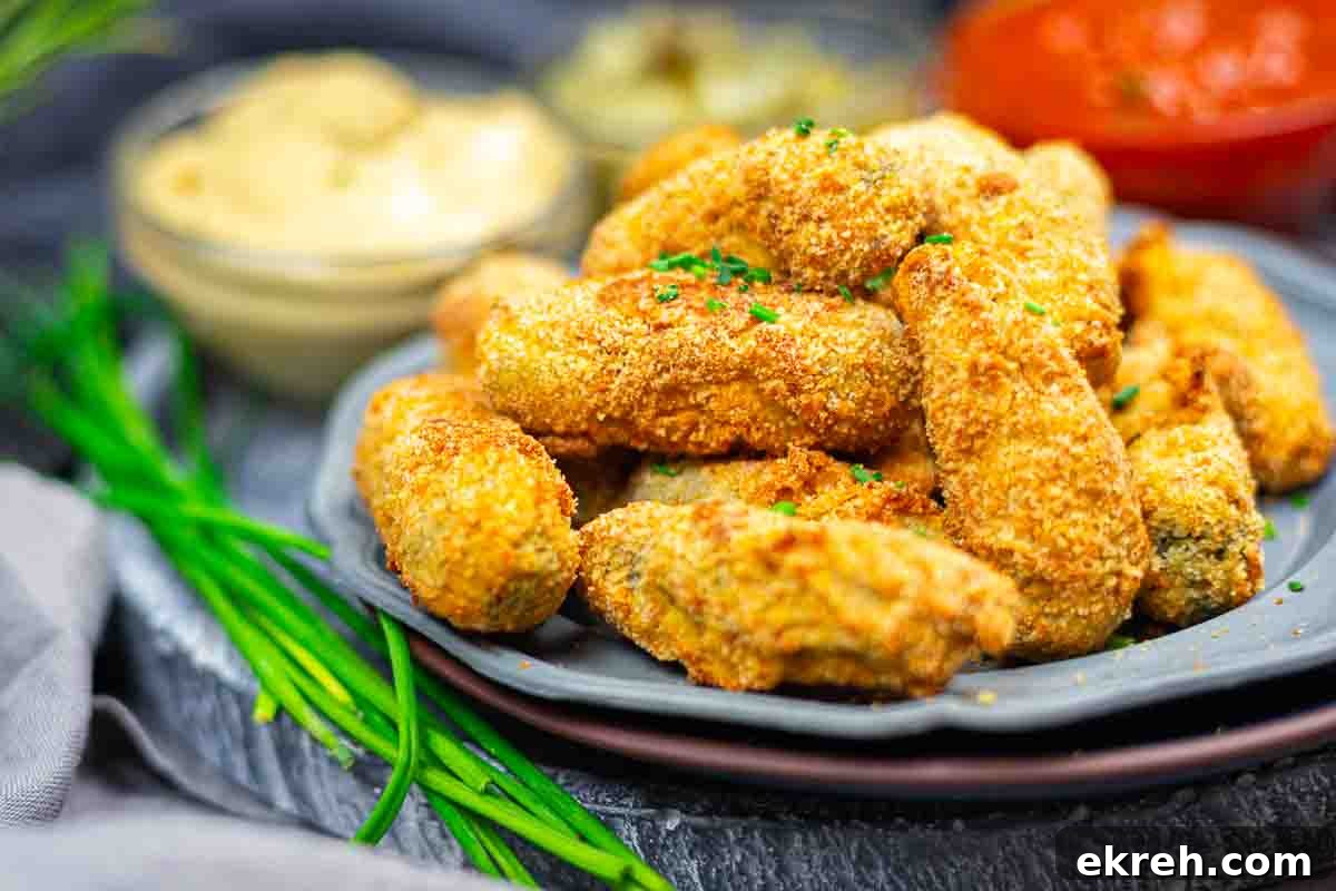 Breaded dill gherkins served on grey plate.