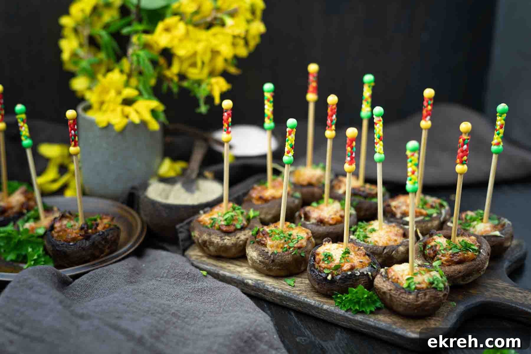Baked stuffed mushrooms on sticks.