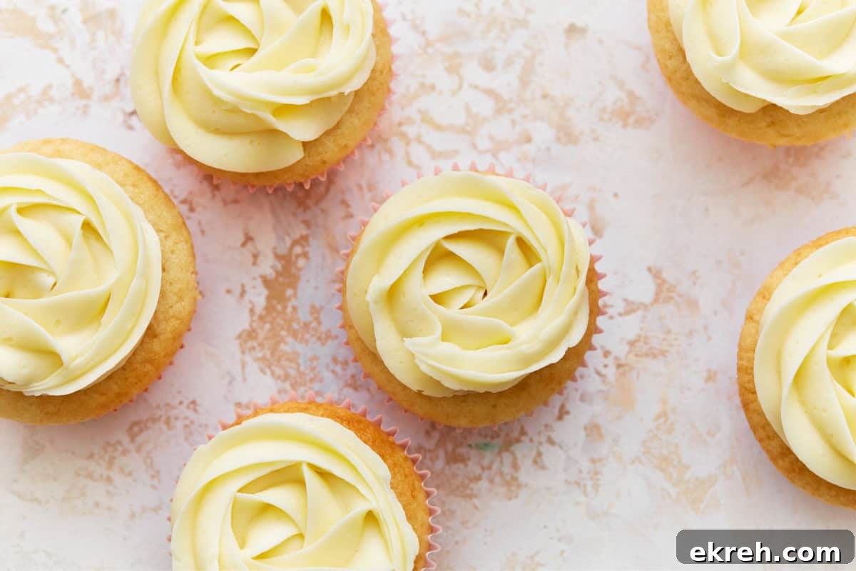 Overhead view of frosted cupcakes.