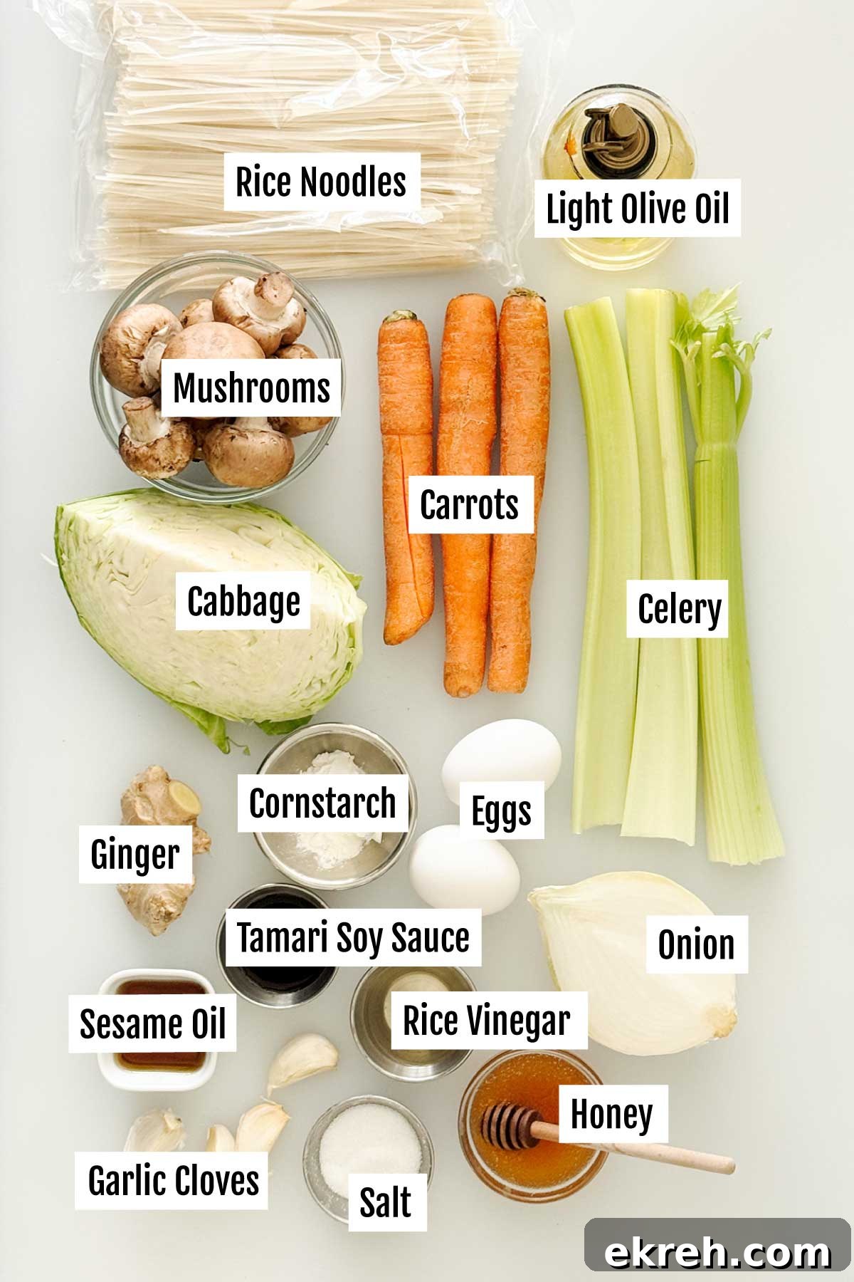 All the ingredients you need to make gluten-free chow mein with vegetables.