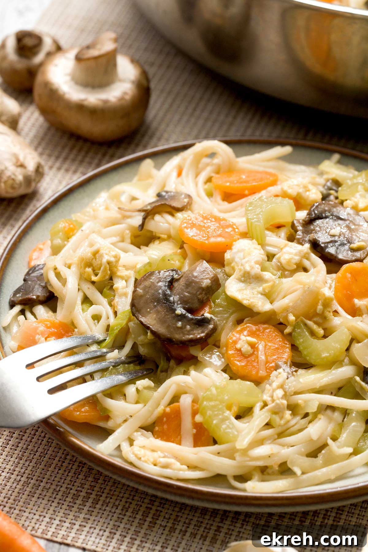 A plate with gluten-free chow mein with vegetables and rice noodles.