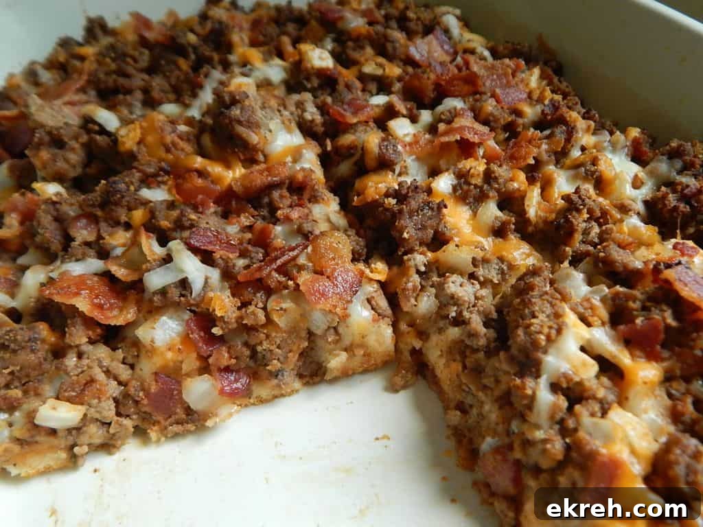 Bacon Cheeseburger Casserole with piece removed