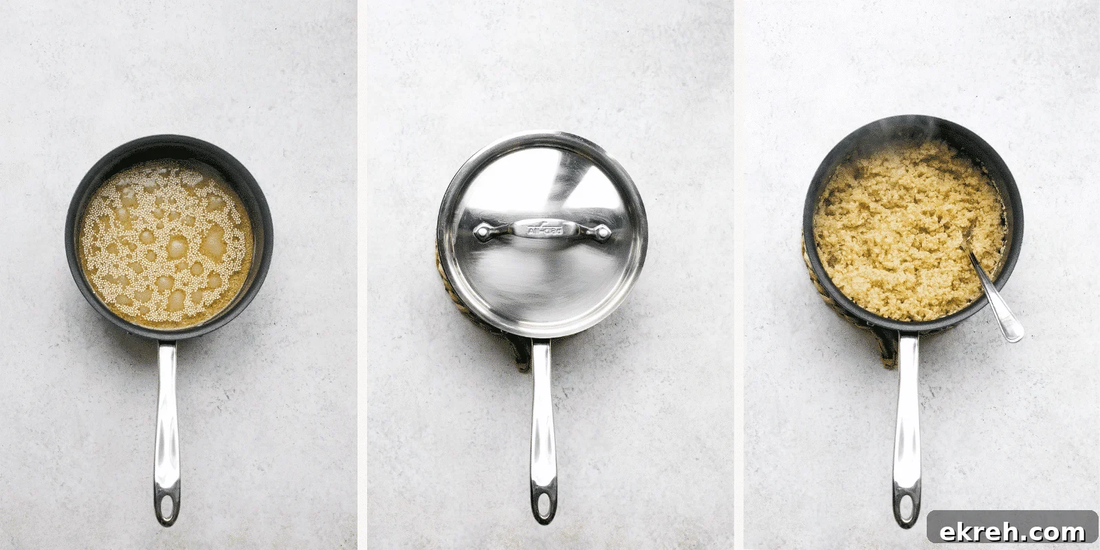 Three images show the process of cooking quinoa in a saucepan: simmering with bubbles, covered with a lid, and finished quinoa fluffed with a fork—perfect for making a fresh mango quinoa salad. All images are on a light background.