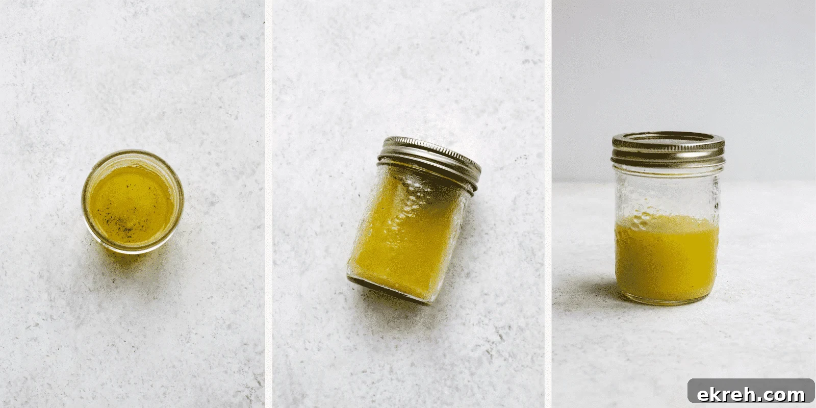 Three-panel image showing a small glass jar of yellow liquid—perfect for drizzling over mango quinoa salad—first viewed from above, second lying tilted on its side, and third standing upright; all on a light textured surface.