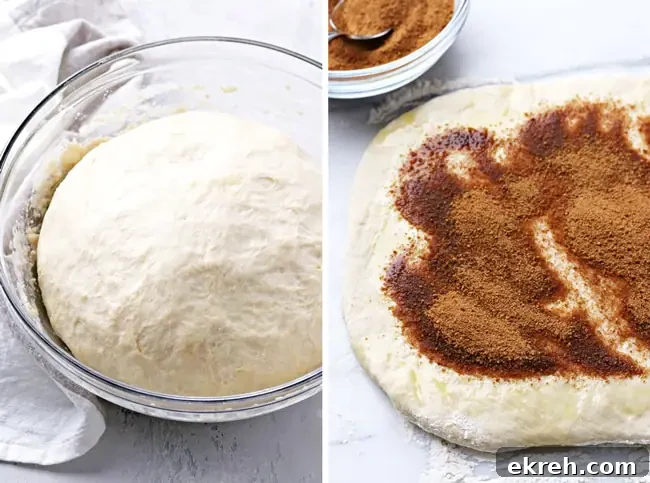 Dairy-Free Cinnamon Rolls Recipe: Soft, Gooey, Fluffy 3 Homemade dough in a bowl and then rolled out on a marble surface.