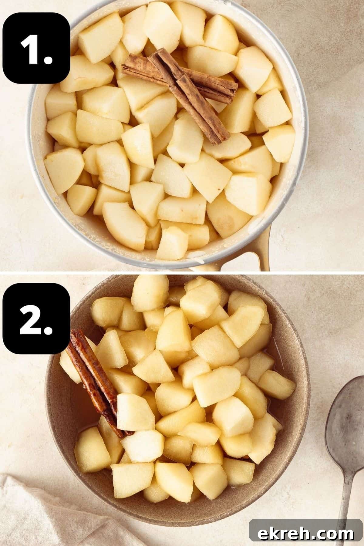Steps 1-2 of preparing this recipe: the apples in a saucepan ready for stewing and the cooked apples in a bowl.