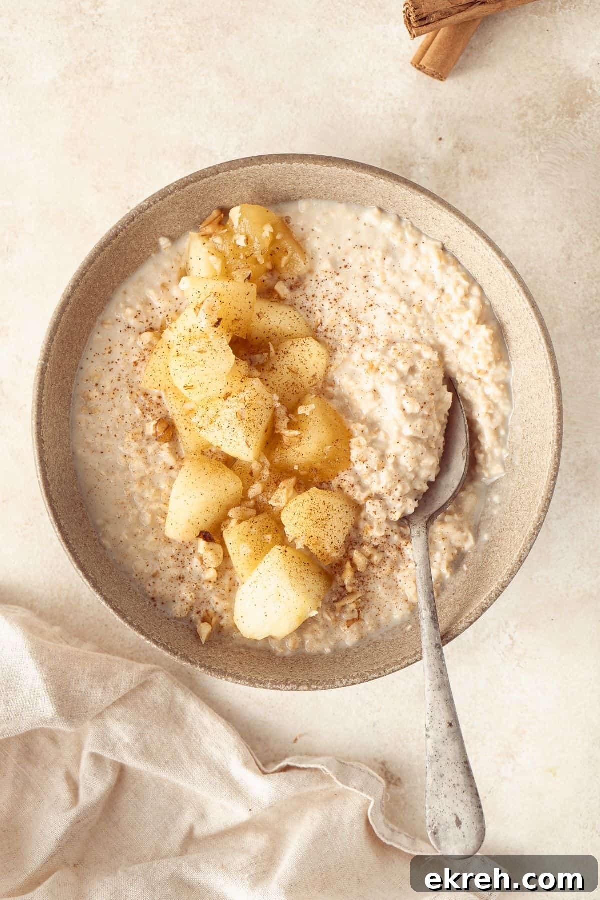 Bowl of oatmeal with a topping of Stewed Apples and a sprinkle of ground cinnamon, and a spoon sitting in it.