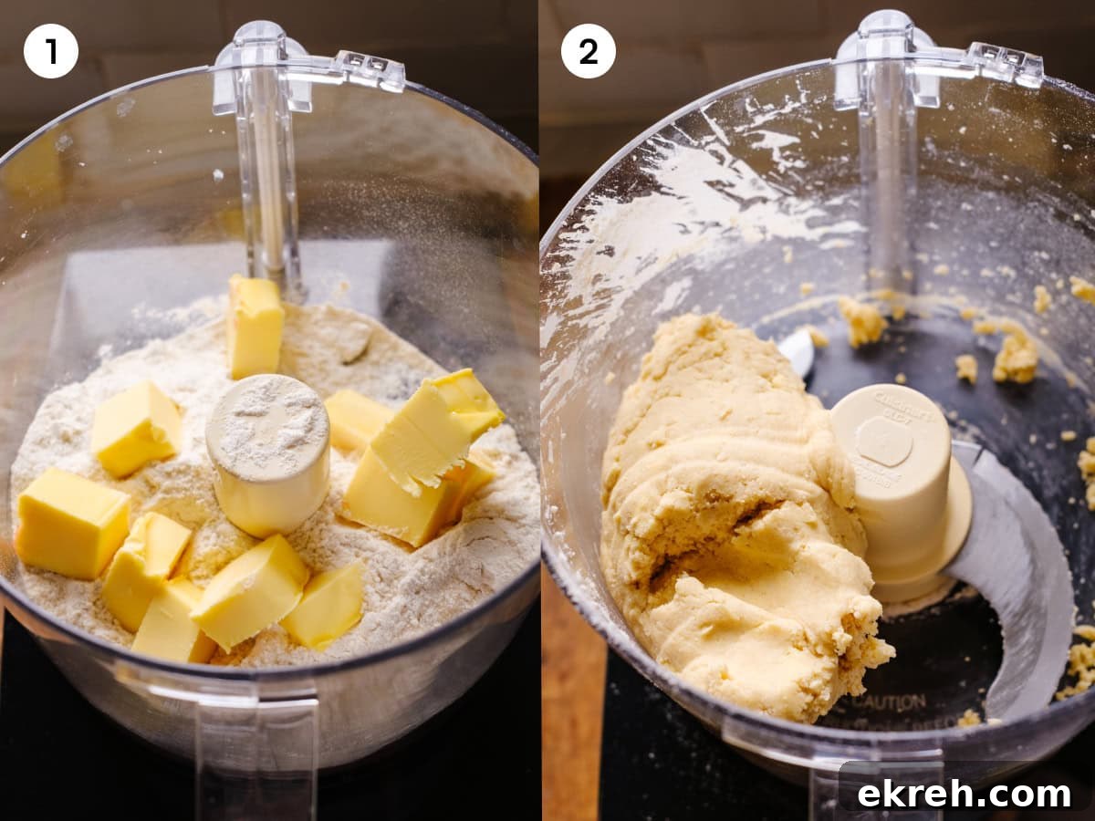 A collage of two images show the first two steps in making the pie dough for this quiche lorraine.