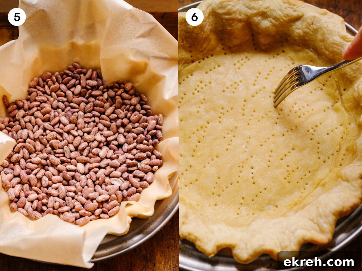 A collage of two images show the next two steps in baking the crust for quiche Lorraine.
