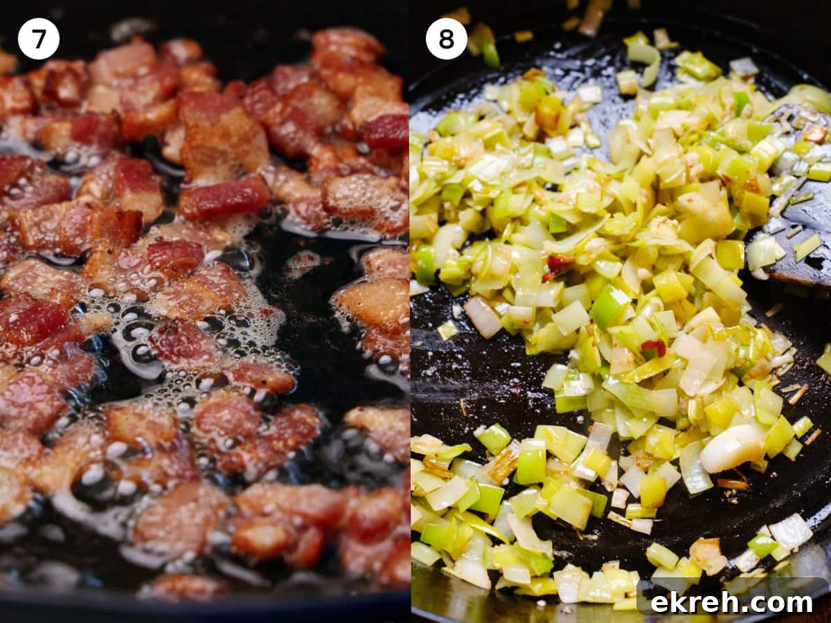 A collage of two images show steps 7 and 8 for making quiche Lorraine.