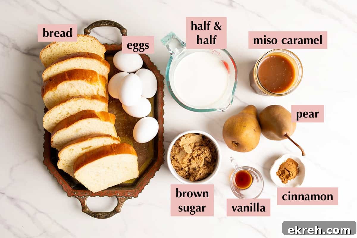 Ingredients for bread pudding recipe with pear and miso caramel.