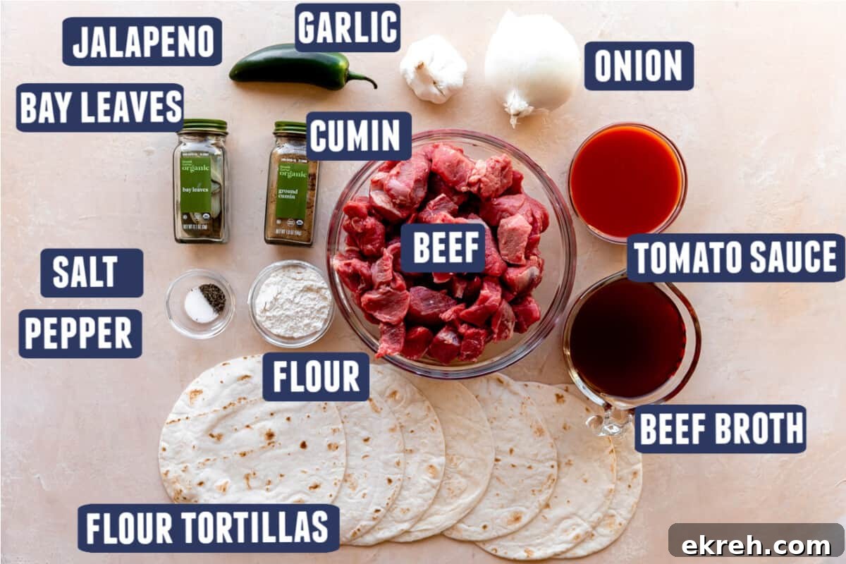 Ingredients needed to make carne guisada laid out on the counter.