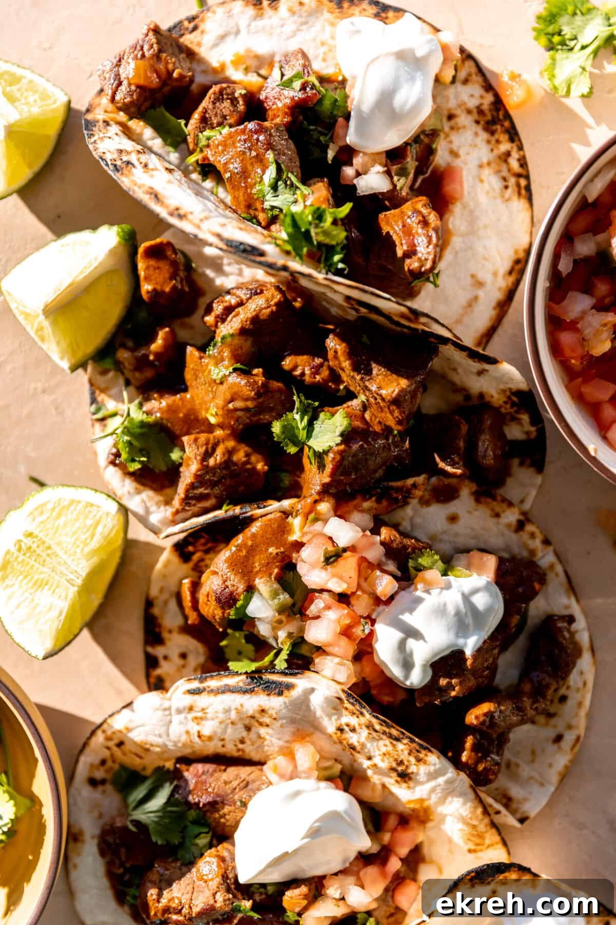Carne guisada served in flour tortillas.