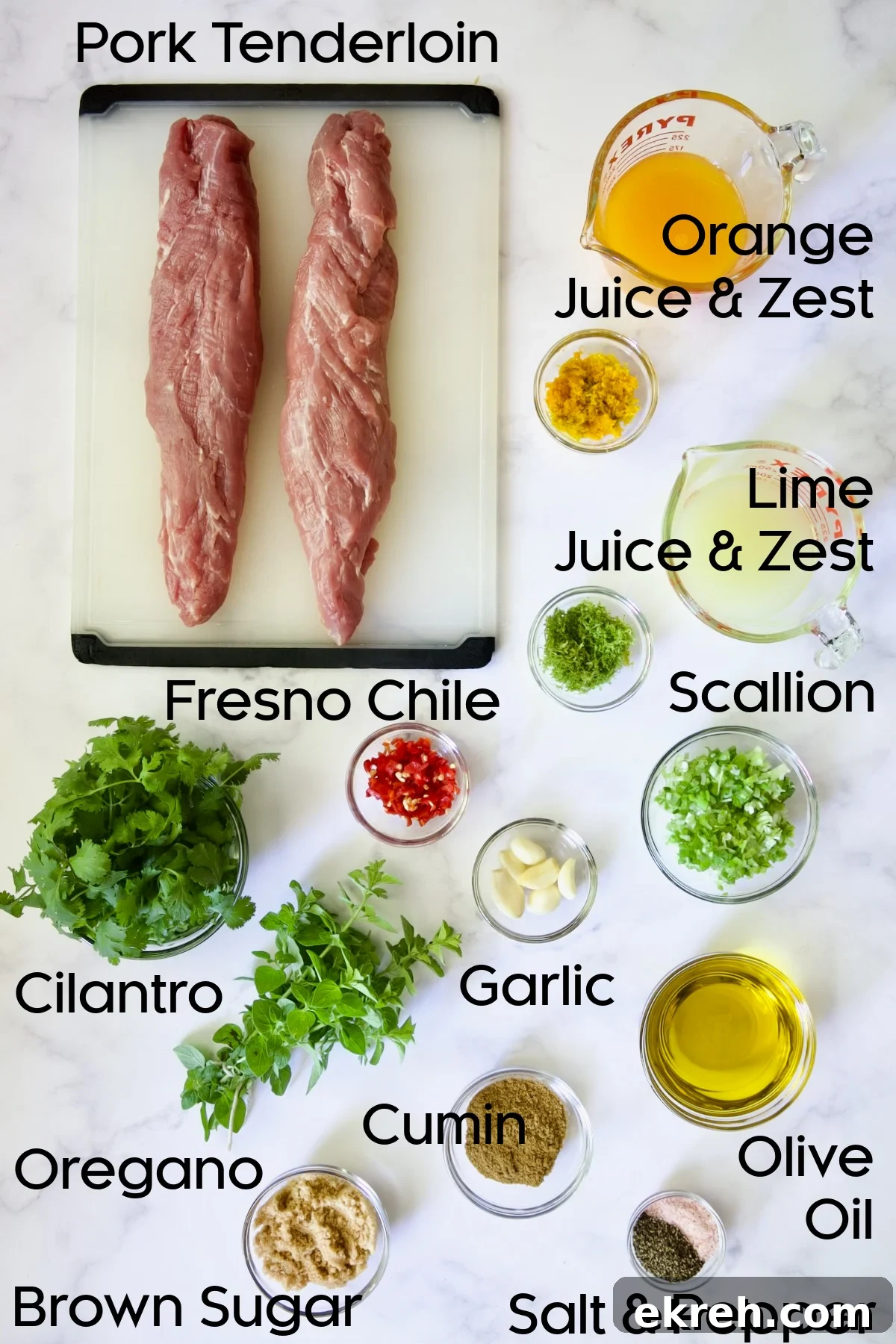 Grilled Citrus Mojo Pork Tenderloin Skewers 4 Ingredients for Mojo-Marinated Pork Skewers in glass bowls.