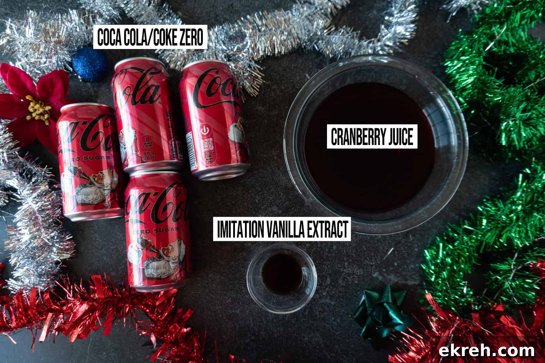 Quick Christmas Cocktail Recipe 3 Christmas drink Ingredients in individual bowls and labeled