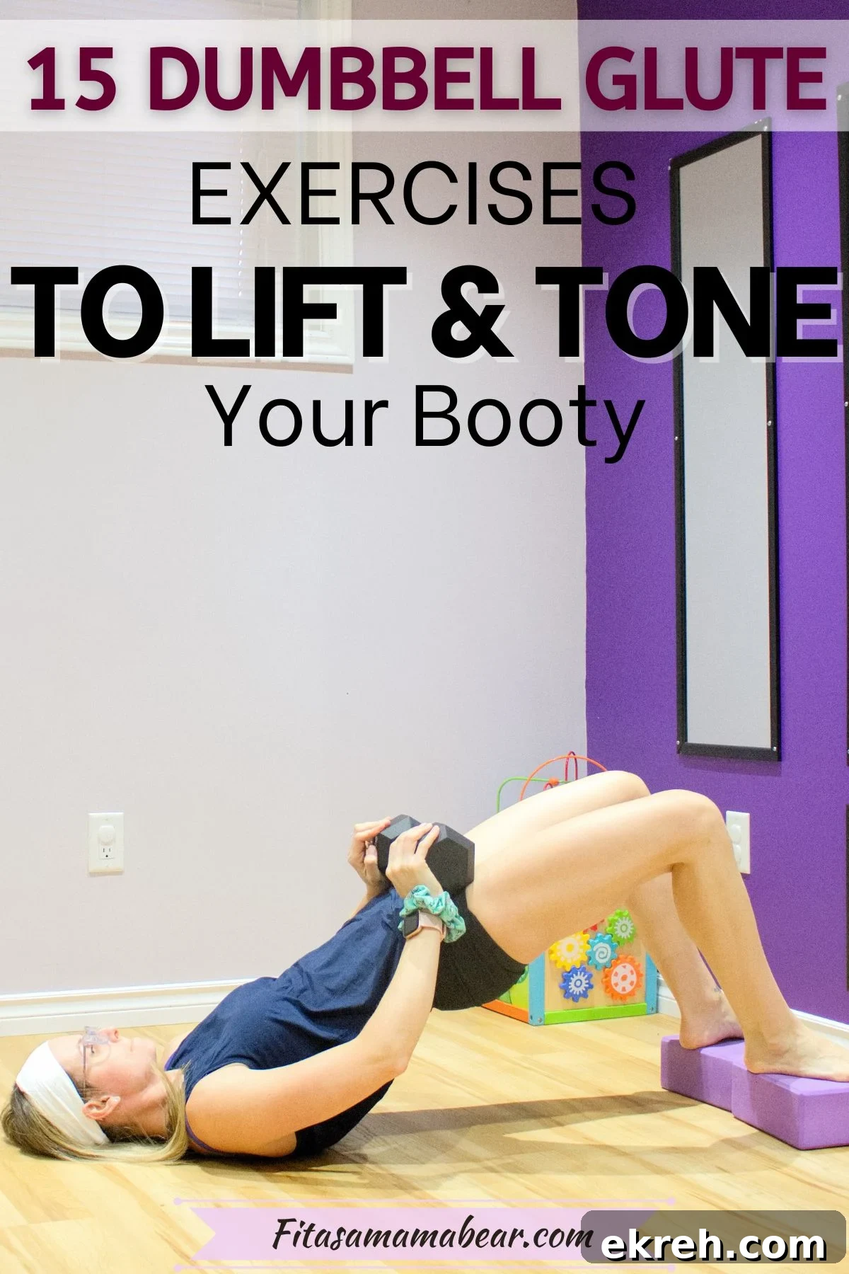 Pin image with text: woman in black shorts and blue top performing a dumbbell glute bridge on purple yoga blocks