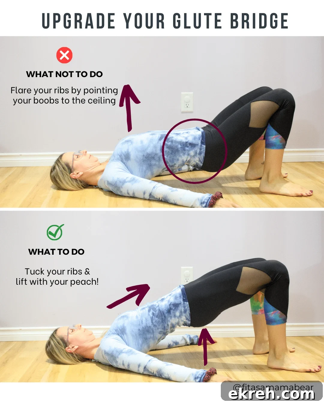Woman in blue shirt and black pants performing a glute bridge on the floor two different ways, both with knees bent