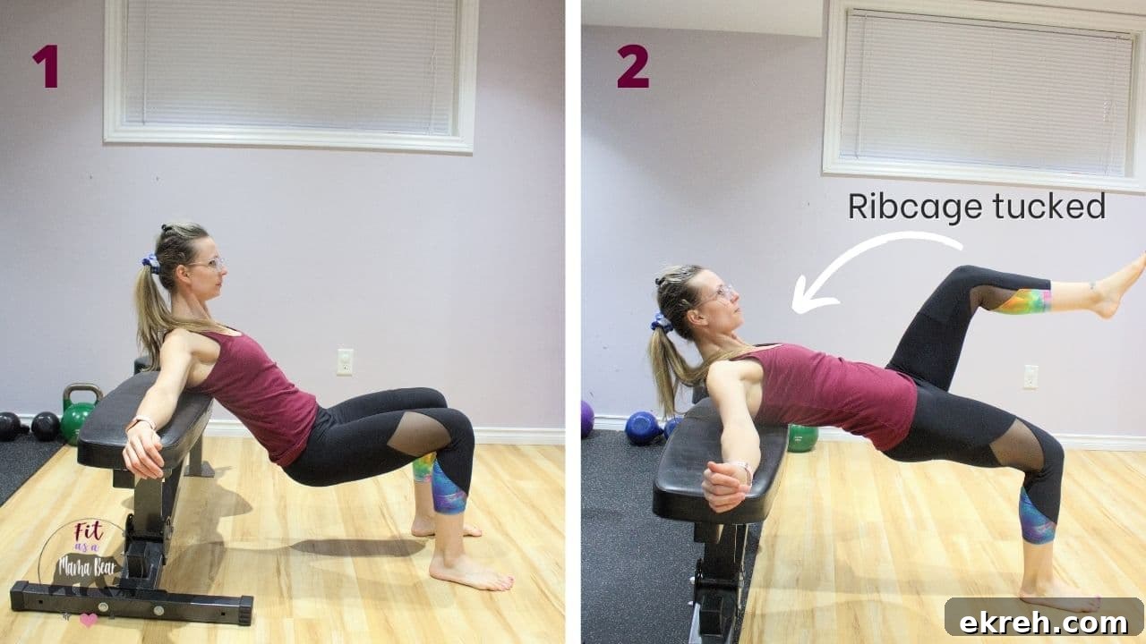 a single leg hip thrust on a bench wiith text about pointers