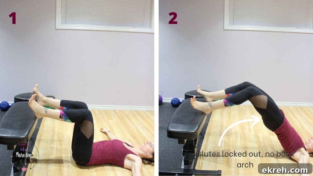 Two images of a woman in maroon shirt and black pants performing a bench glute bridge with text about how to