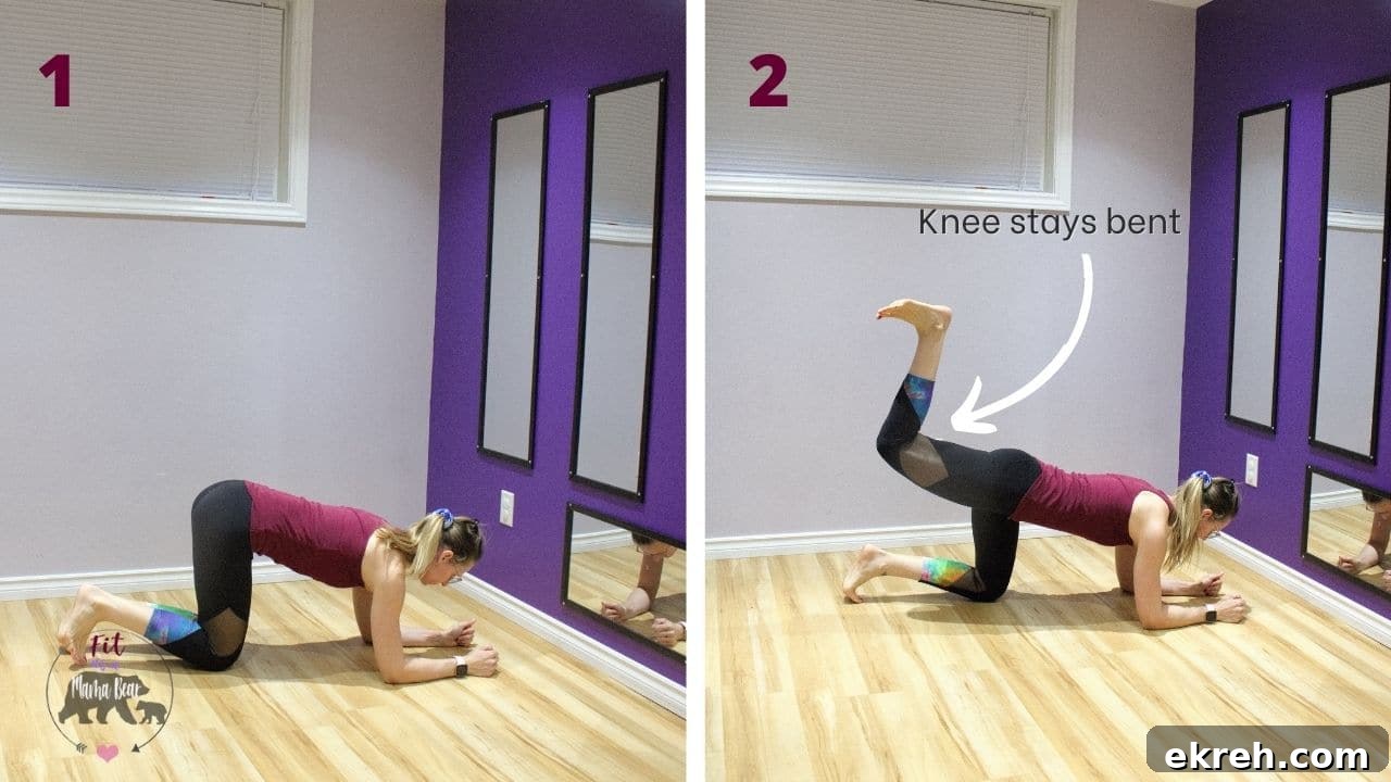 Two images of a woman in maroon shirt and black pants performing quadruped hip extensions
