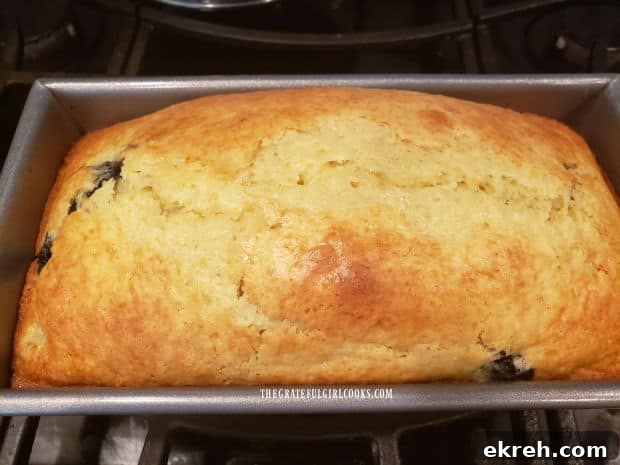 The baked blueberry breakfast loaf is golden brown on top after cooking.