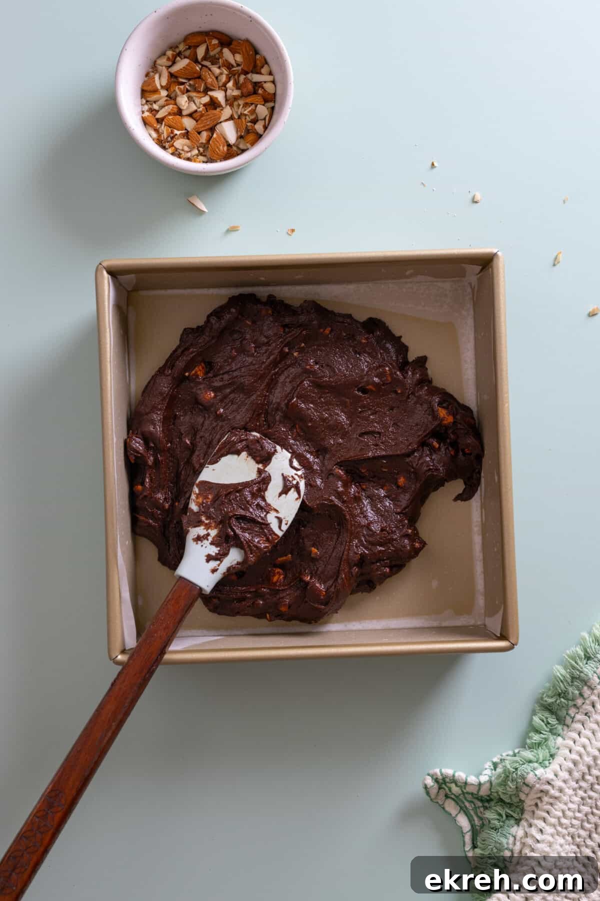 Fudgy Mocha Almond Brownies Recipe 8 adding brownie batter to pan