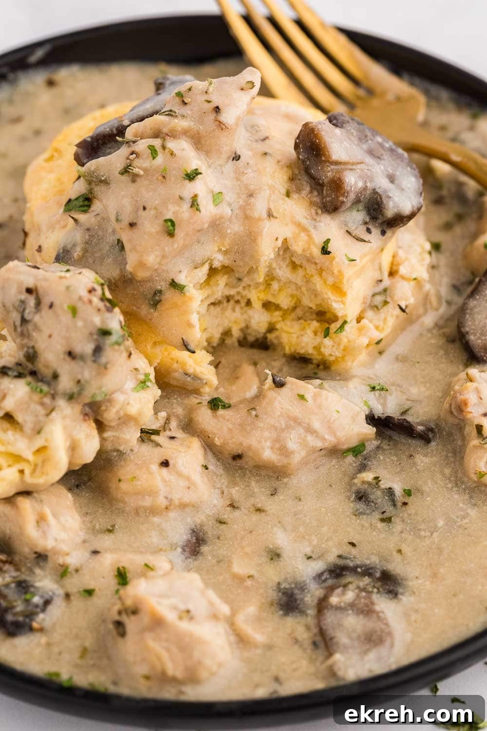 Slow Cooker Chicken and Gravy served on plate with biscuit
