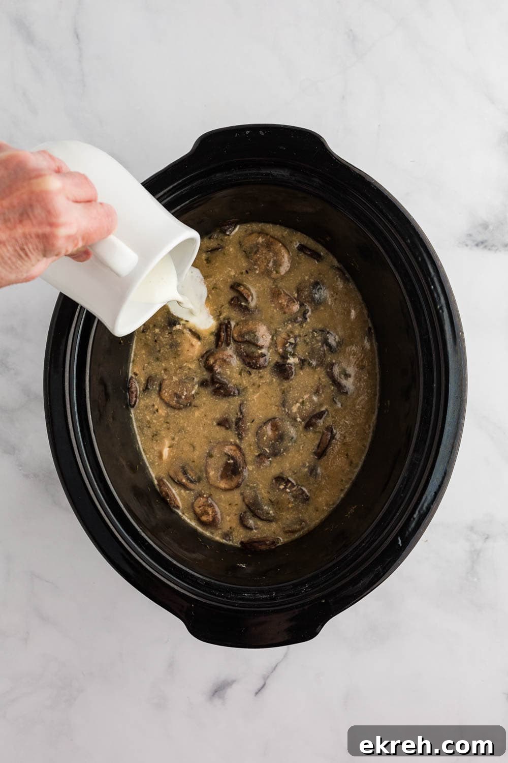 mushroom and broth inside of slow cooker