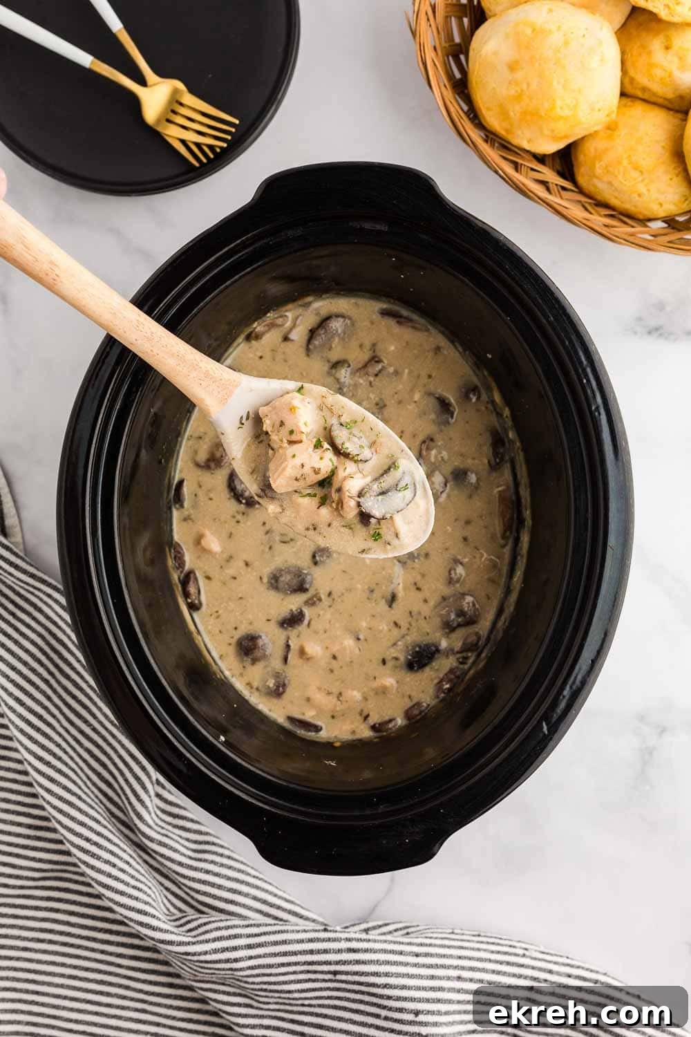 mushroom, broth, and seasonings inside of slow cooker