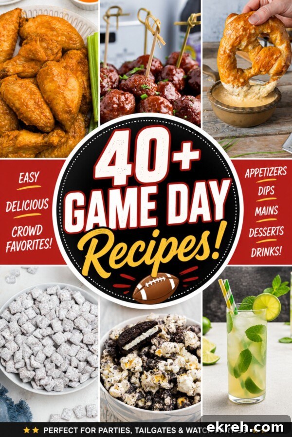 Collage of game day recipes featuring chicken wings, grape jelly meatballs, beer cheese dip with a soft pretzel, puppy chow, Oreo popcorn, and a mojito with the text "40+ Game Day Recipes."