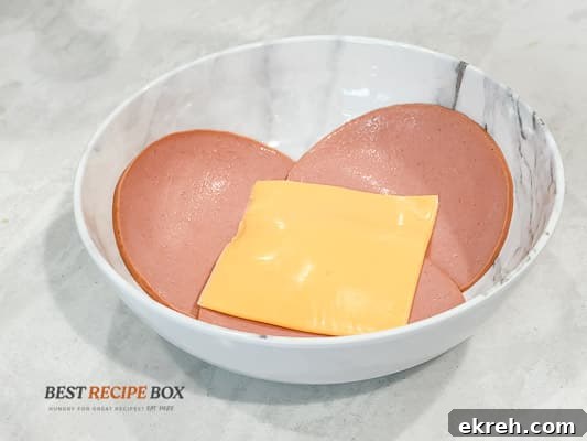 Cheese on bologna in bowl