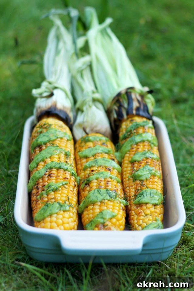 Grilled Corn on the Cob with Creamy Avocado Dill Dressing 4 Perfectly Grilled Corn on the Cob is very juicy and pairs so well with creamy vegan avocado dill dressing. Easy and impressive recipe for your summer barbecue!