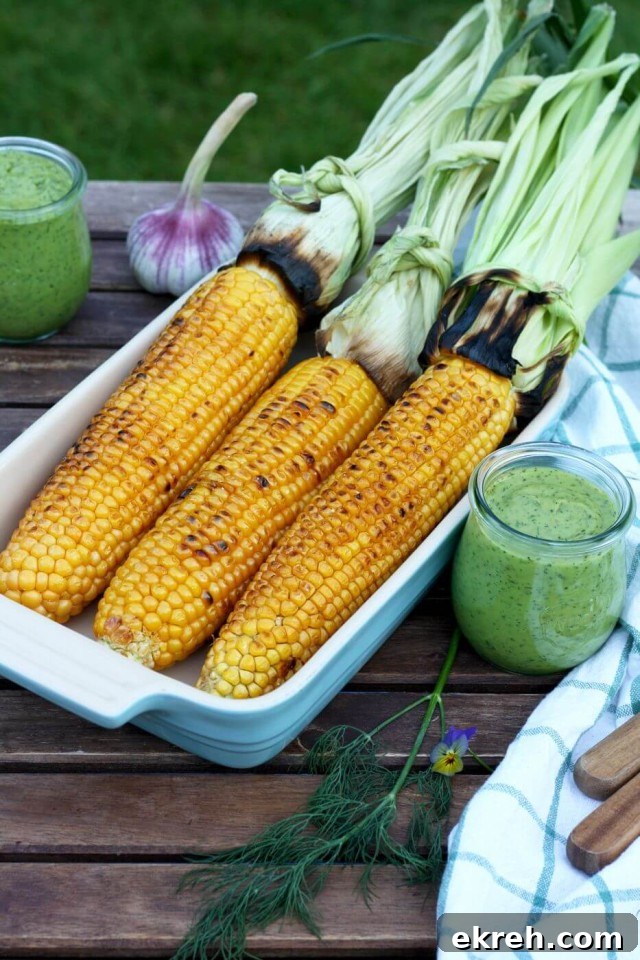 Grilled Corn on the Cob with Creamy Avocado Dill Dressing 5 Perfectly Grilled Corn on the Cob is very juicy and pairs so well with creamy vegan avocado dill dressing. Easy and impressive recipe for your summer barbecue!