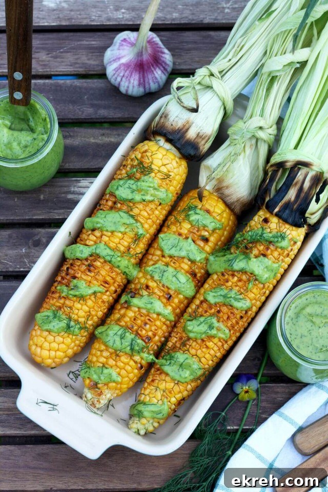 Grilled Corn on the Cob with Creamy Avocado Dill Dressing 6 Perfectly Grilled Corn on the Cob is very juicy and pairs so well with creamy vegan avocado dill dressing. Easy and impressive recipe for your summer barbecue!