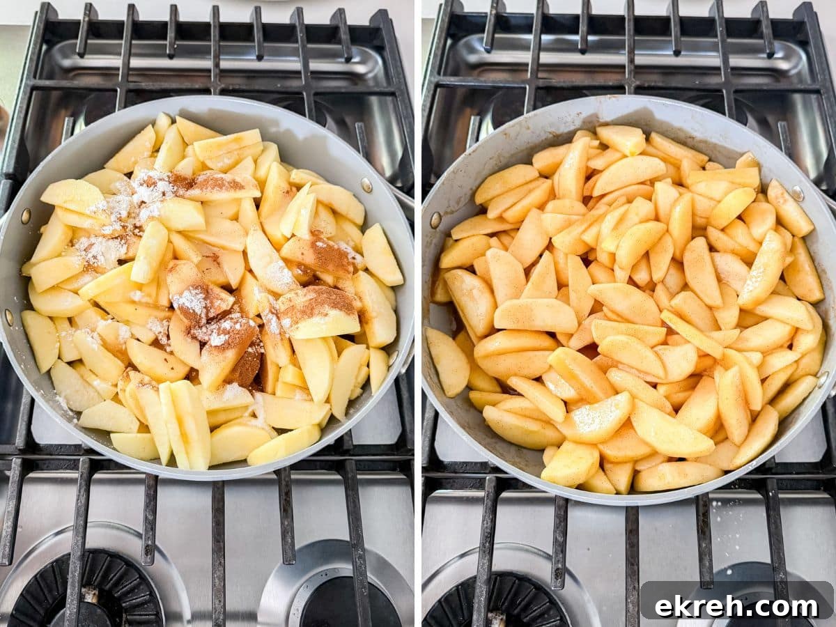 How to Make Apple Pie Filling from Scratch 5 Pie filling ingredients in a skillet on the stove and then all mixed together.