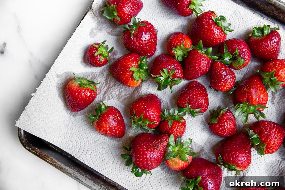 Washed strawberries spread out on paper towels to dry