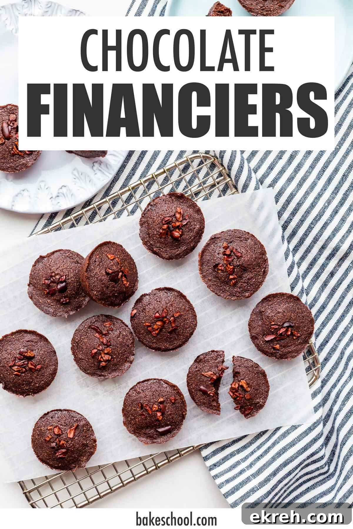 Chocolate financiers on a cooling rack with text overlay that reads 'chocolate financiers'.